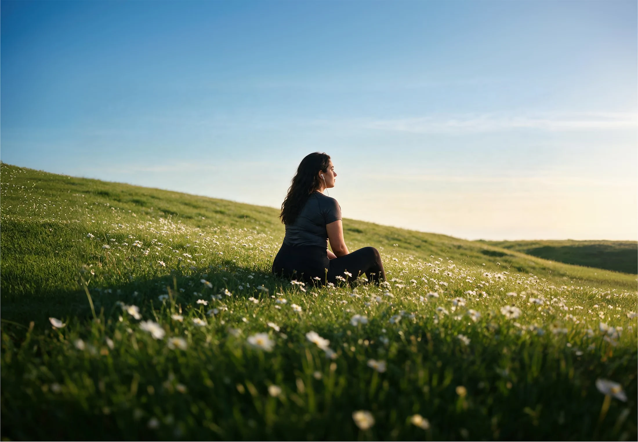 A woman sitting in a sunny meadow